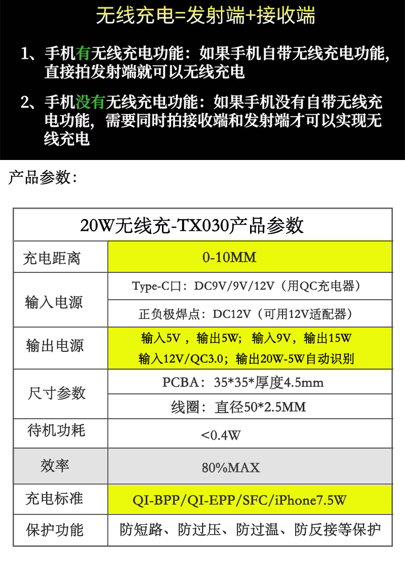 20W大功率隔10MM快充手机无线充电器模块12V充电板发射端智能改装